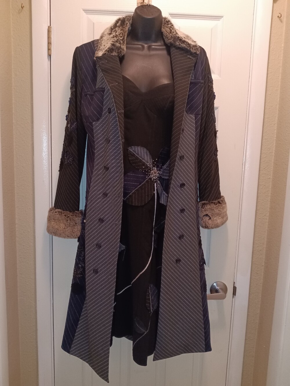 Vintage Sue Wong Matching Coat & Dress Set Sz 6 Black Blue Grey Beaded